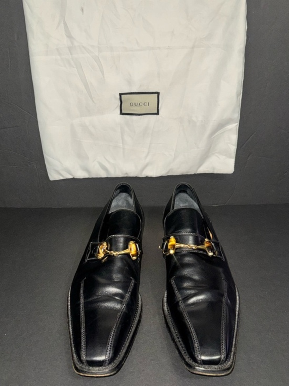 Gucci Black Leather Horsebit Square-Toe Loafers